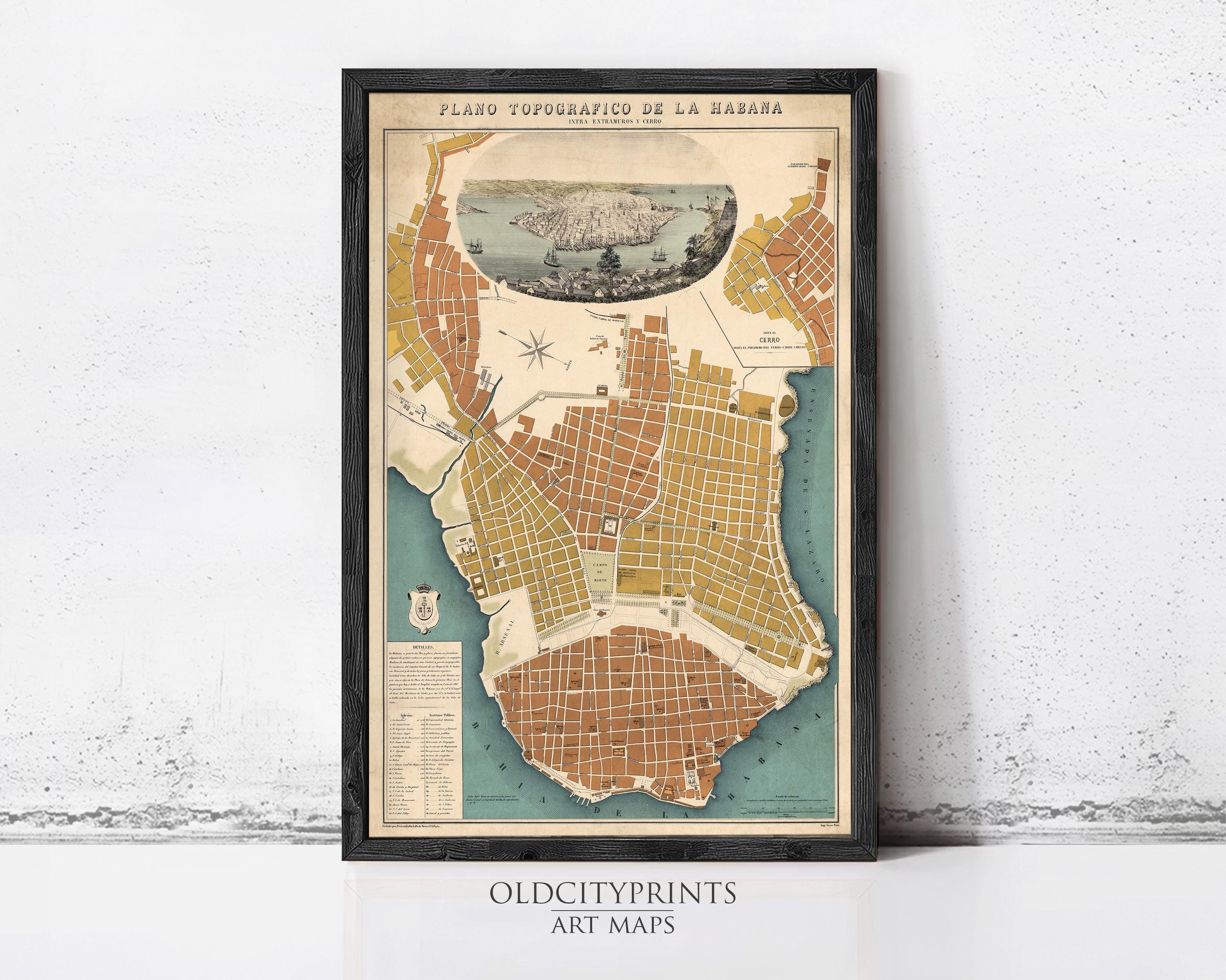 The image is a framed vintage map of a city, likely Havana, Cuba, with a detailed illustration of the city's layout and surrounding areas.