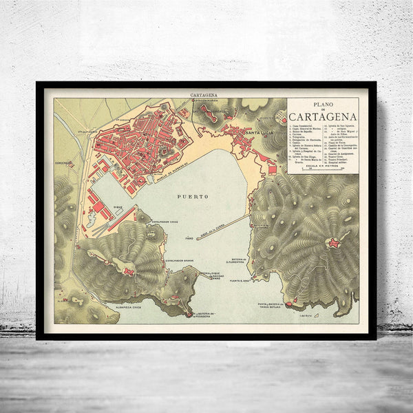Old Map of Cartagena Spain 1900 Vintage Map | Vintage Map Wall Art Print