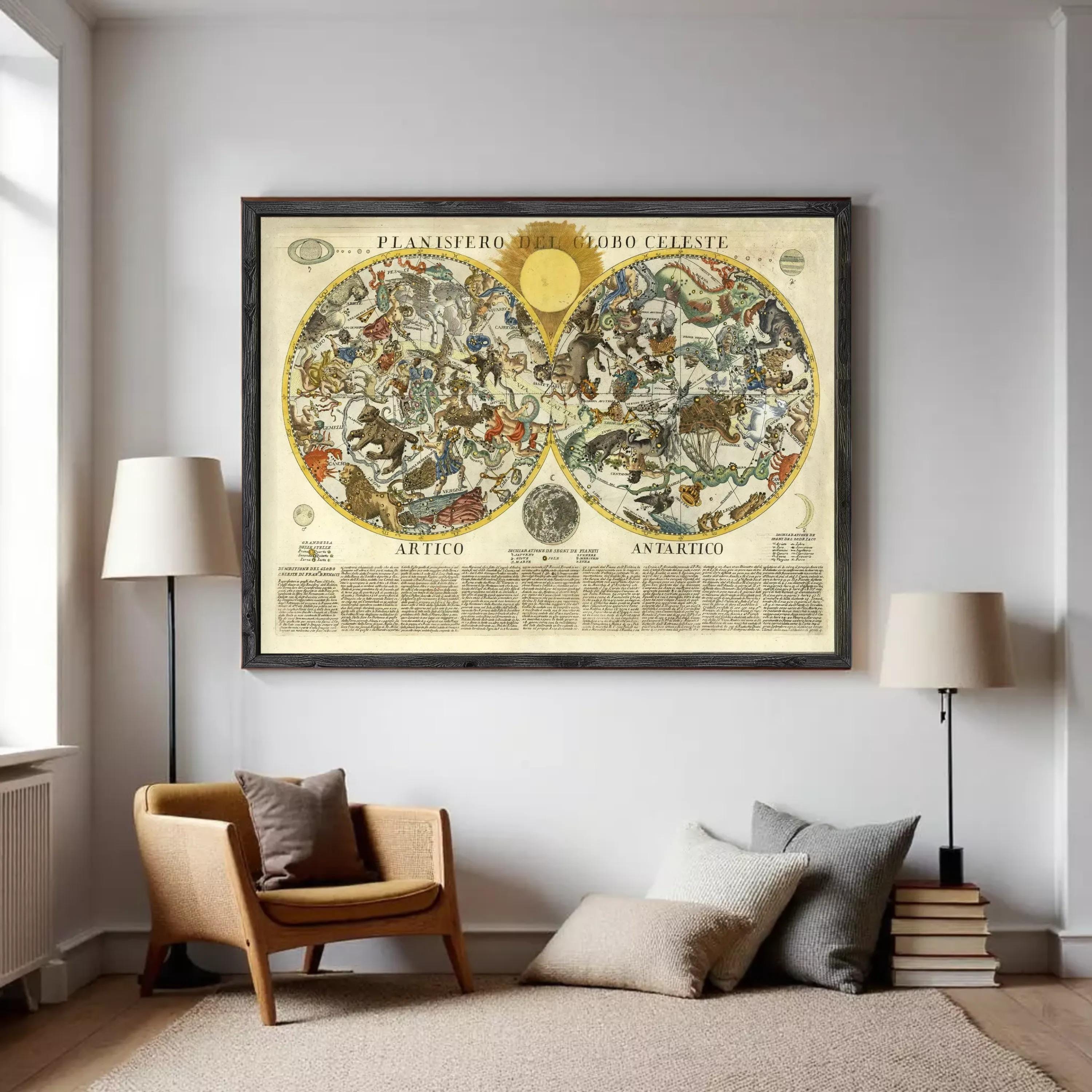 The image is a framed vintage map depicting the night sky with various celestial objects and figures.