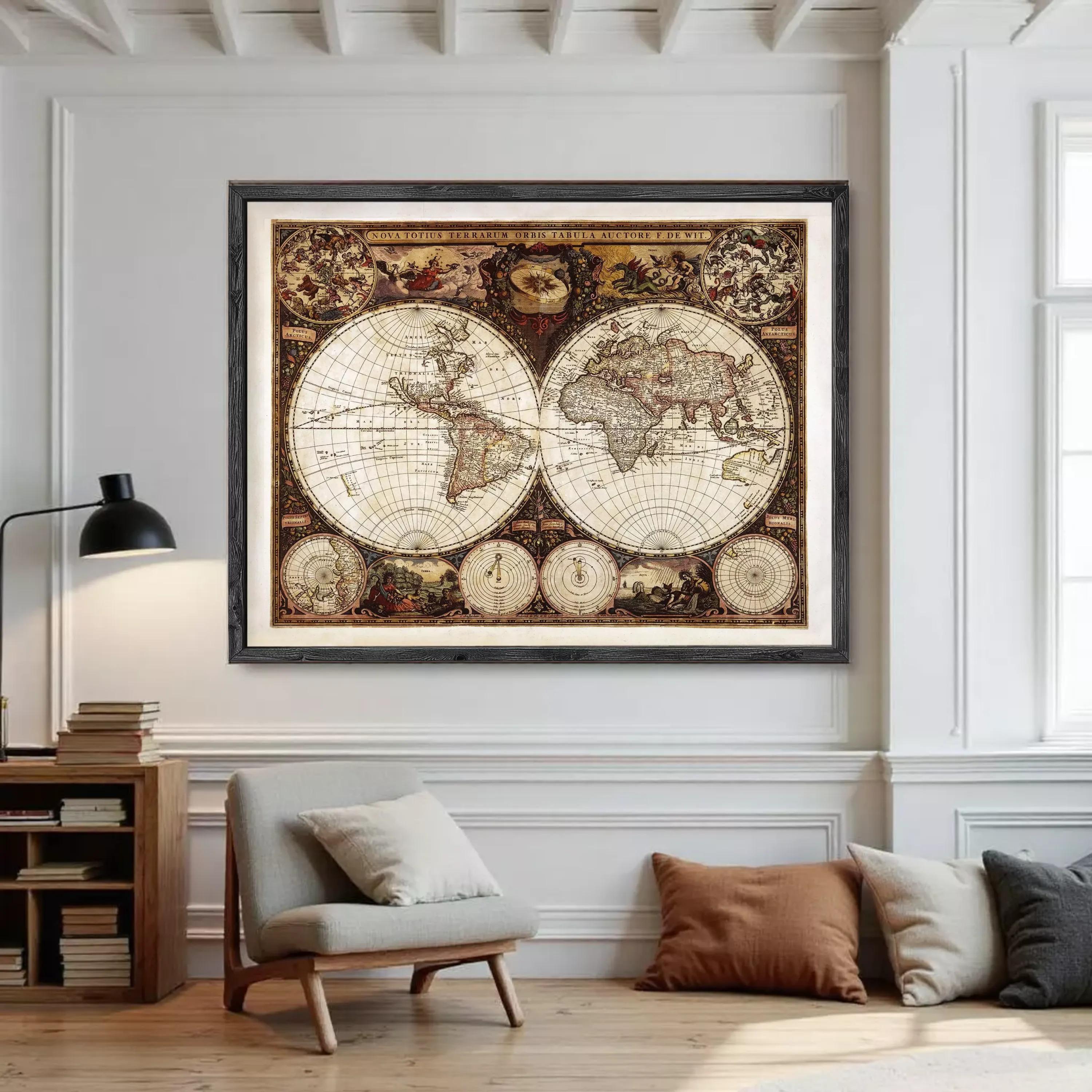 The image is a framed antique map of the world, featuring intricate details and decorative elements.