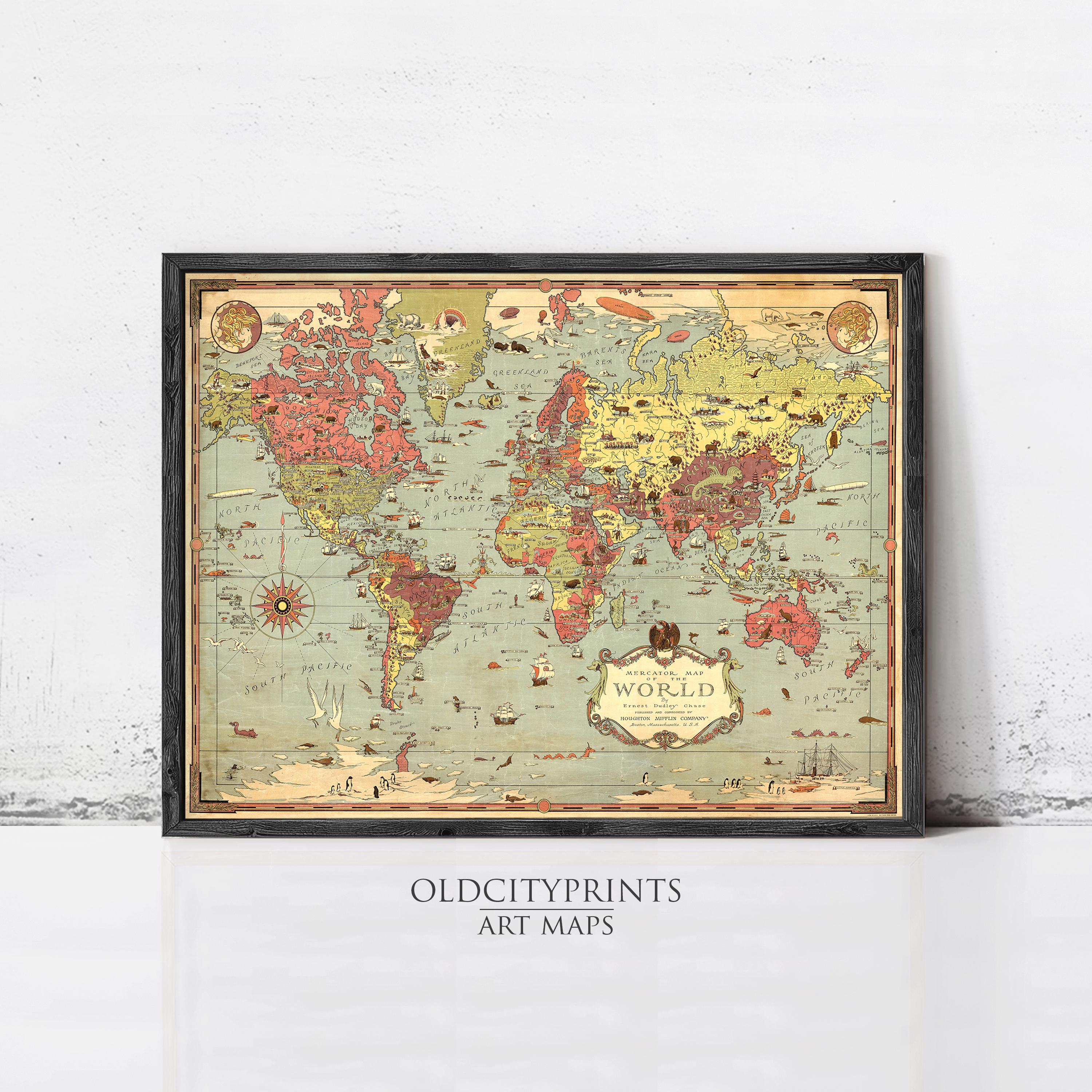 The image is a framed vintage world map with a black border and a label that reads "WORLD" in the center.