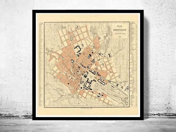 Old Map of Stuttgart Germany 1860 Vintage Map | Vintage Map Wall Art Print