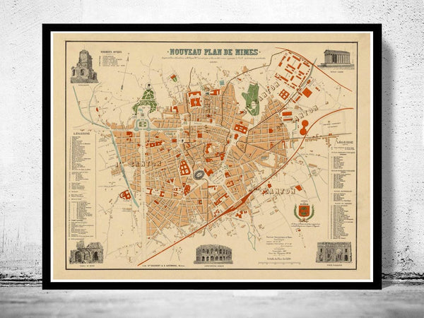 Old Map of Nimes  France 1854 | Vintage Map Wall Art Print