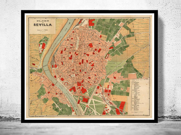 Old Map of Seville Sevilla Spain 1904 Vintage Map | Vintage Map Wall Art Print