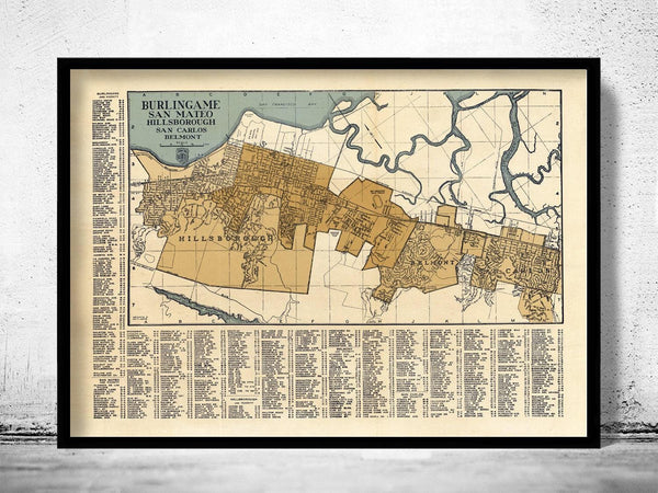 Old Map of Burlingame San Mateo California 1920 Vintage Map | Vintage Map Wall Art Print
