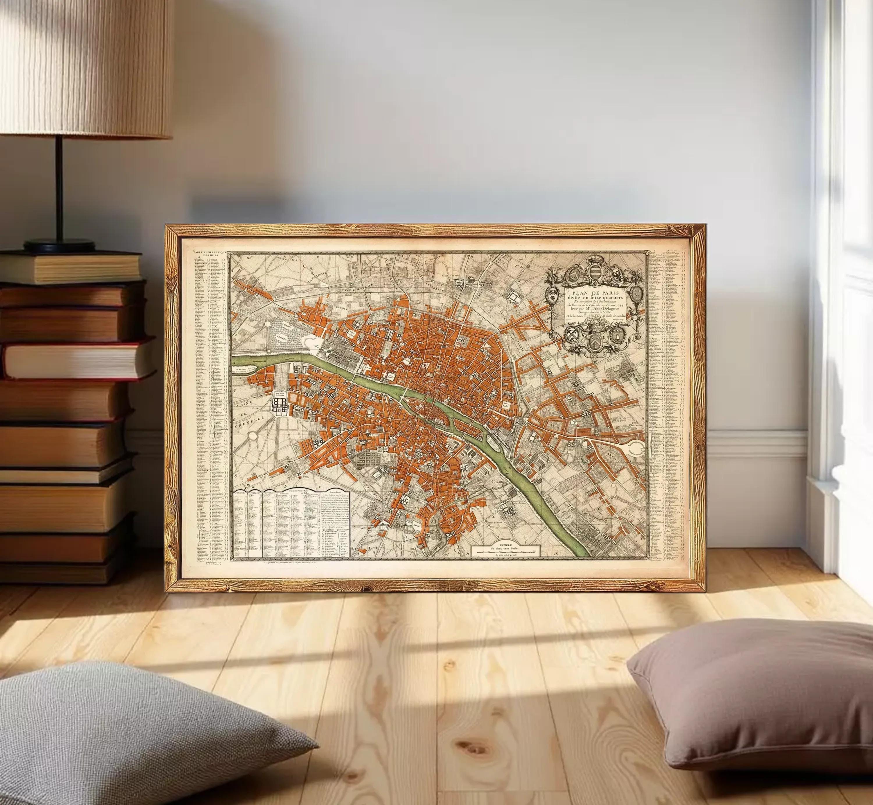 The image is a framed vintage map of a city, likely Paris, with a detailed and intricate design.