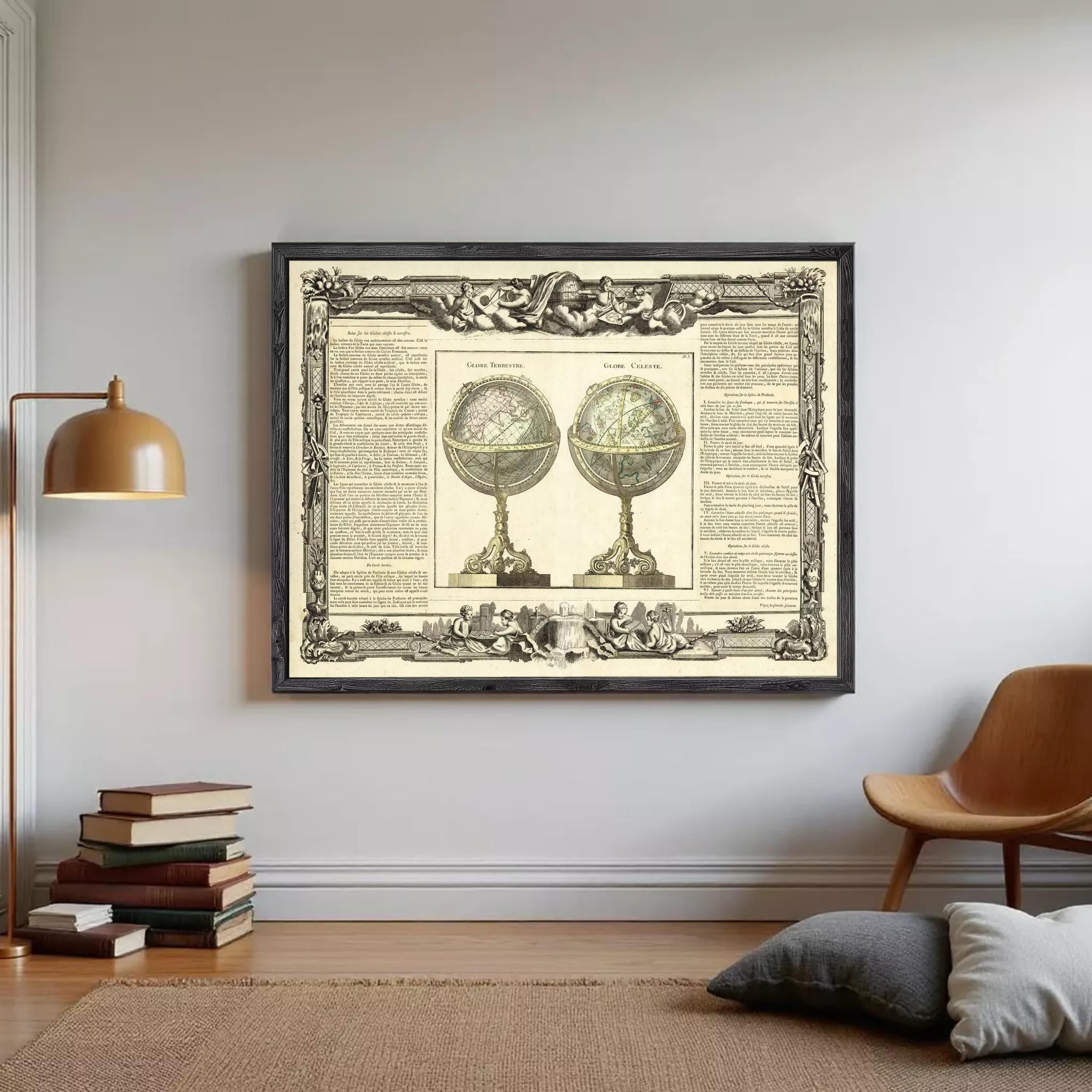 The image is a framed print featuring two antique globes, one with a pinkish hue and the other with a greenish tint. The globes are placed on ornate stands, and the frame is decorated with intricate designs and text.