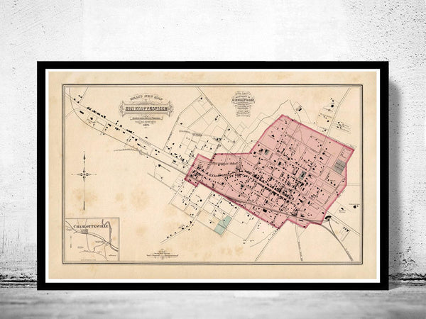 Old Map of Charlottesville VA 1877 Vintage Map | Vintage Map Wall Art Print