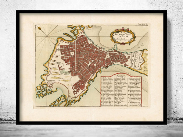 Old Map of Cadiz Spain 1700 Vintage Map  | Vintage Map Wall Art Print