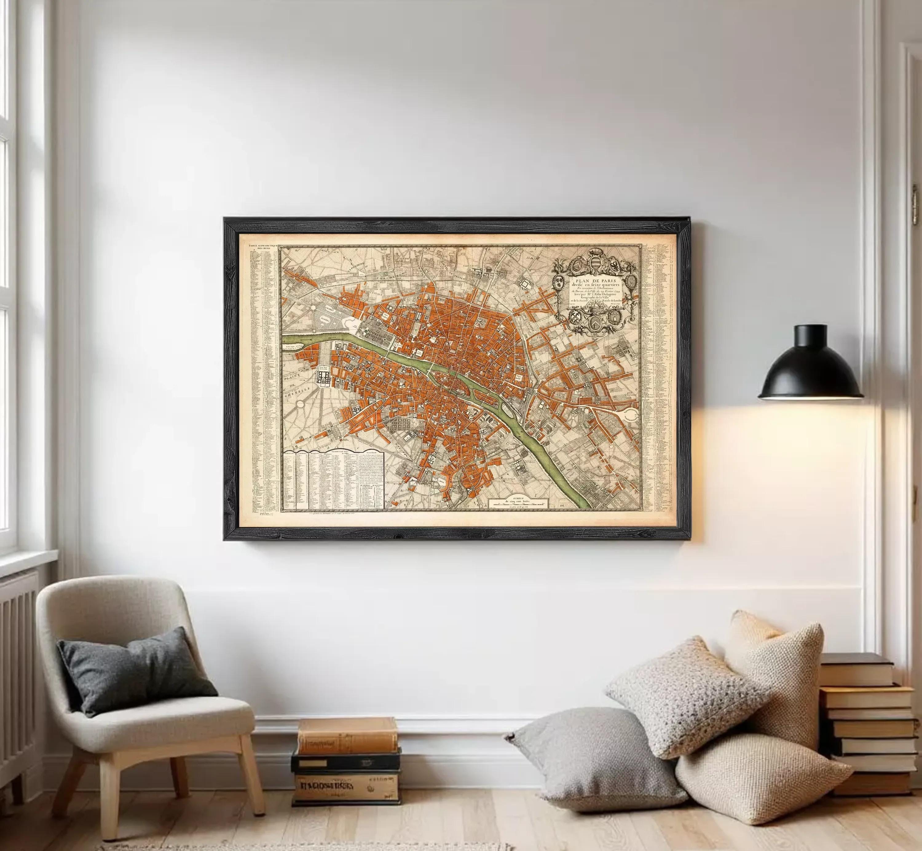 The image is a framed vintage map of a city, likely Paris, with a detailed and intricate design.