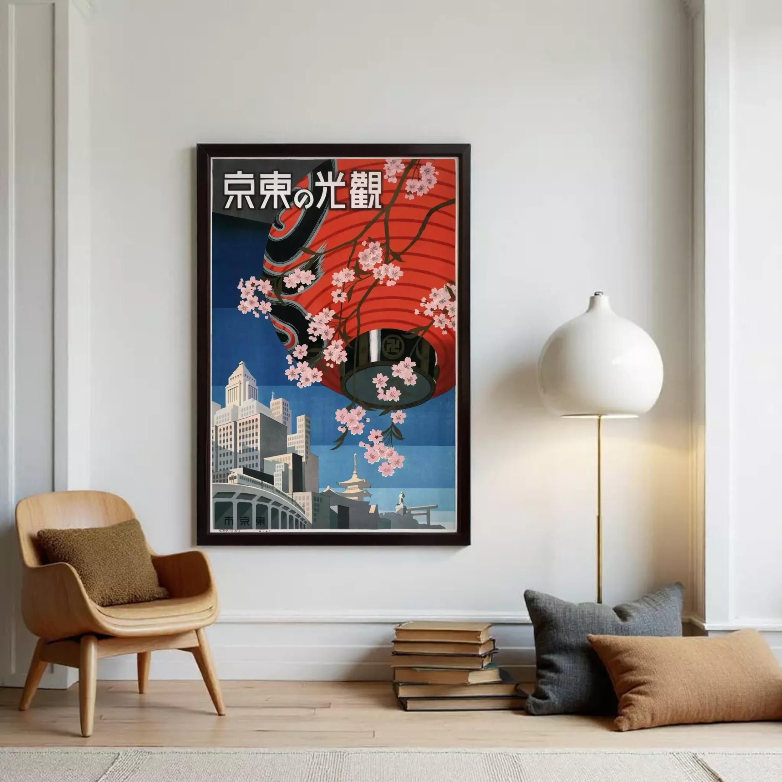 A framed poster featuring a cityscape with a red lantern and pink cherry blossoms, along with Japanese text.