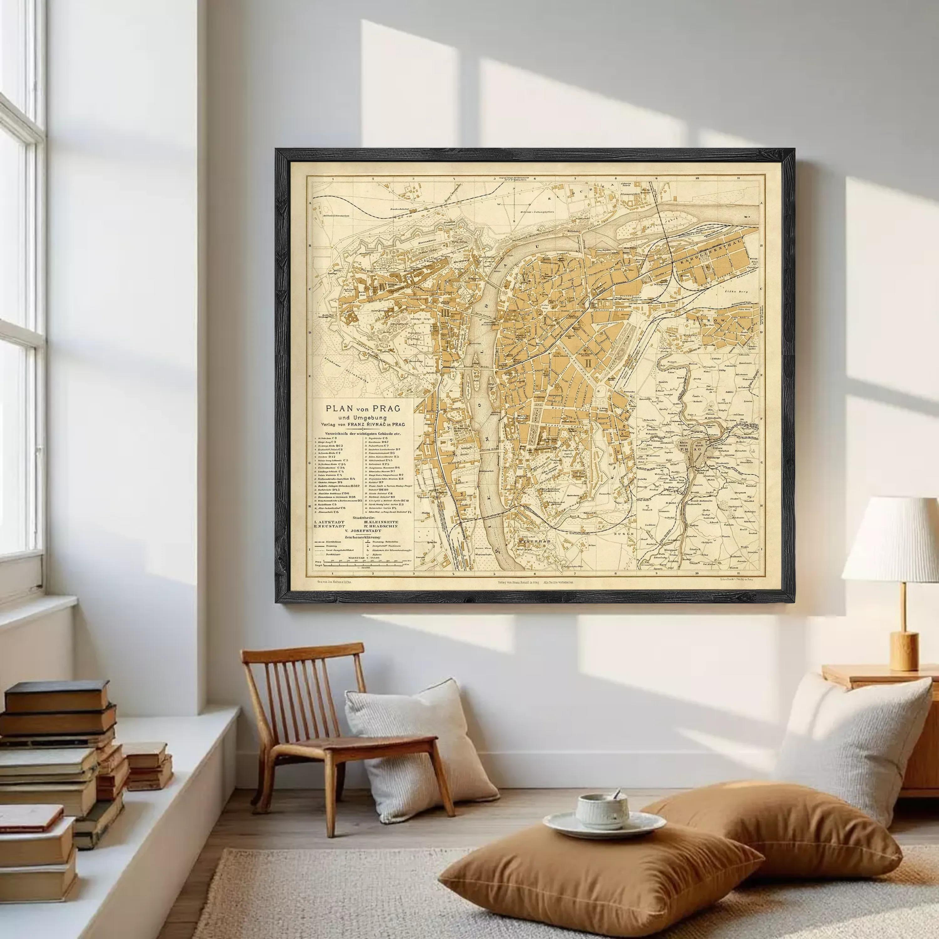 The image is a framed vintage map of Prague, Czech Republic, depicting the city's layout and surrounding areas.