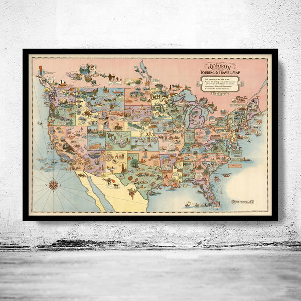 Vintage Map of United States America, Recreational Touring & Travel Map 1928  | Vintage Map Wall Art Print | Large Map Print