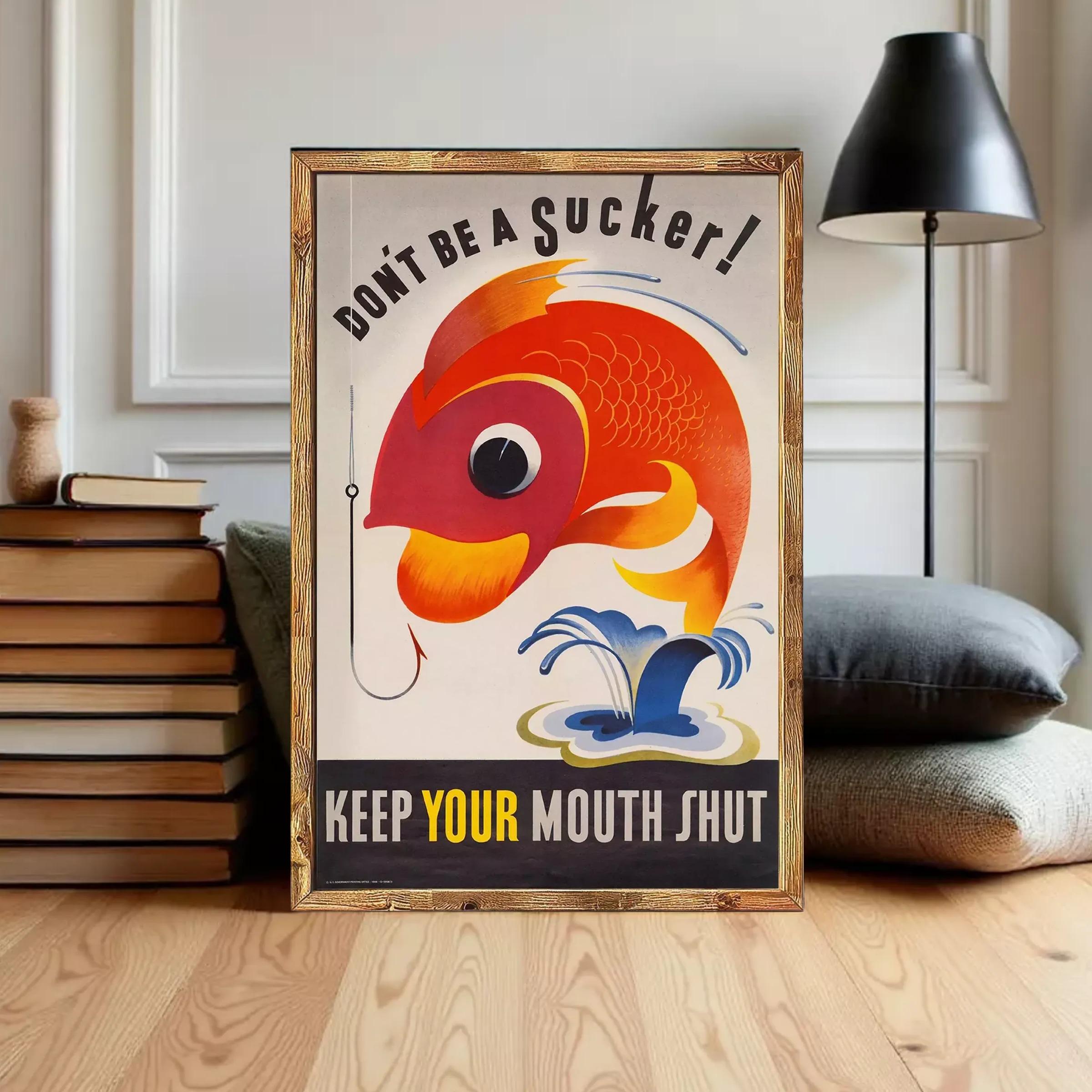 The image is a framed poster with a fish on it, and it contains a message about not being a sucker.