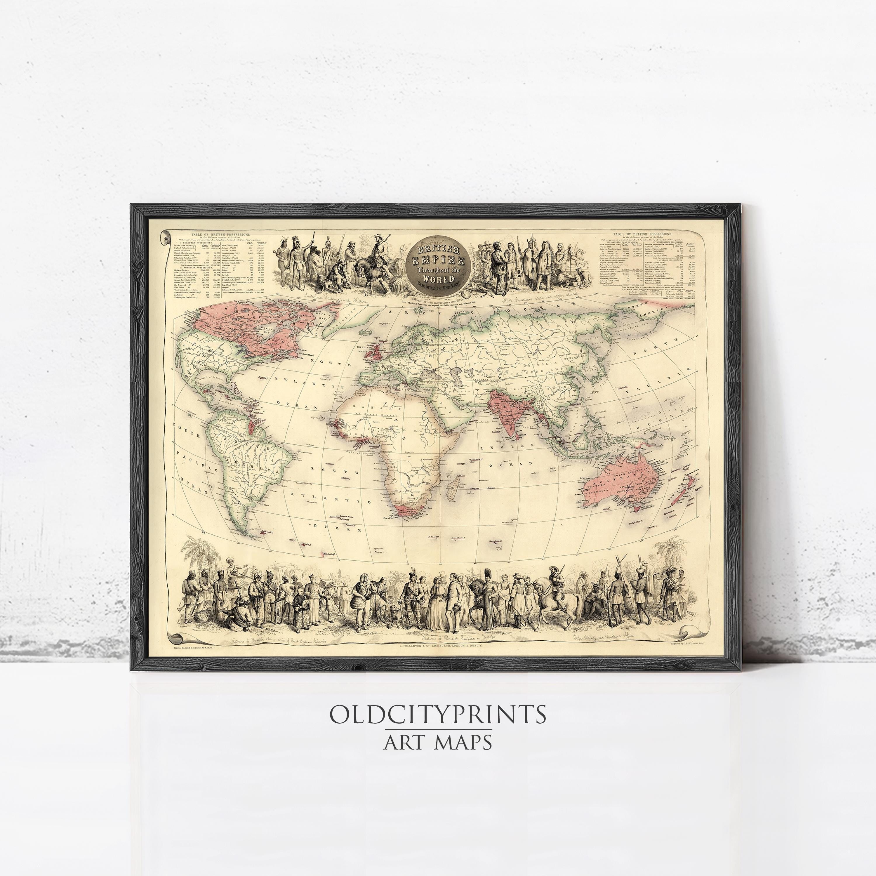 The image is a framed vintage world map with a detailed illustration of people and landmarks.