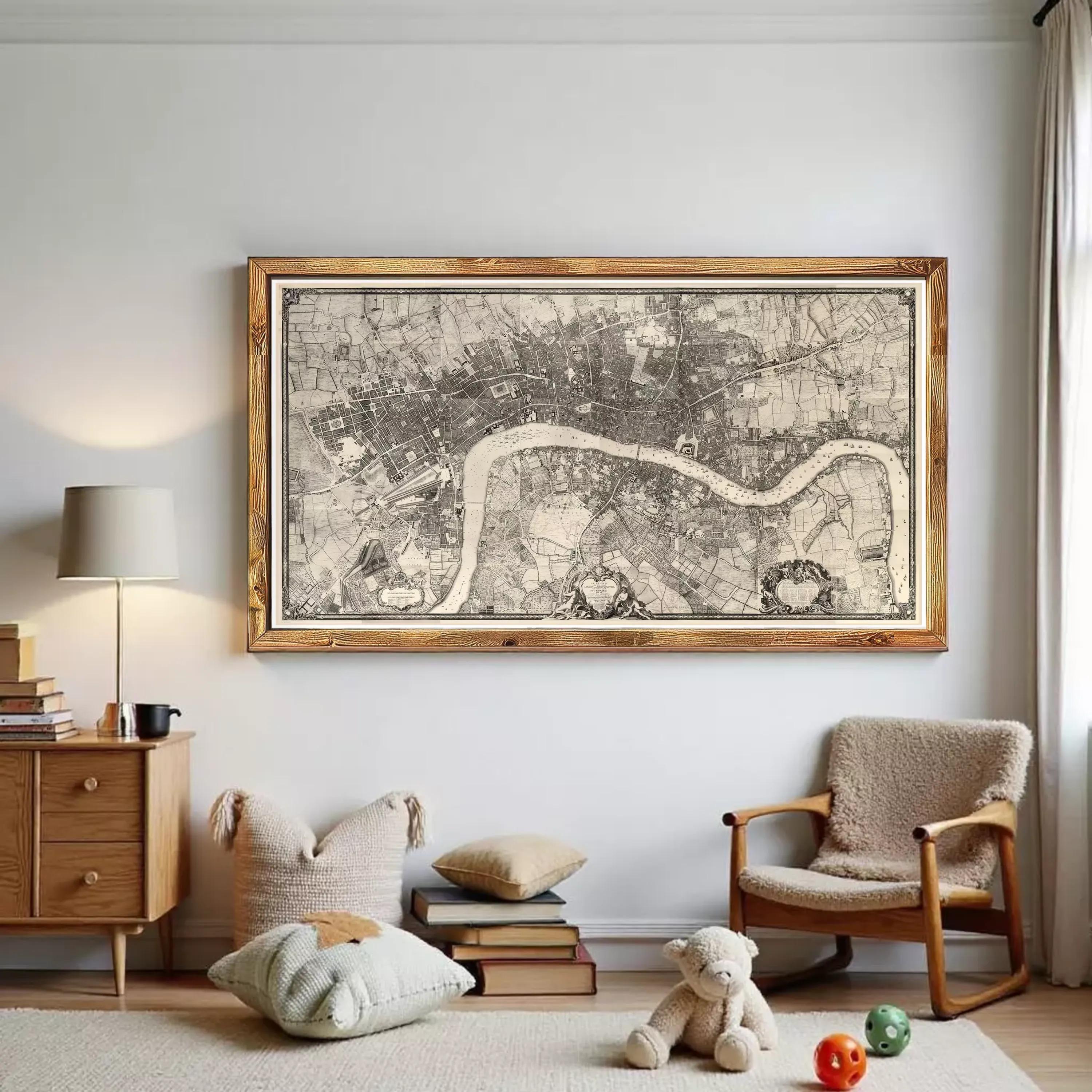 a cozy living room with a large framed map of London hanging on the wall. The room is furnished with a wooden chair, a rocking chair, and a small teddy bear. There are also several books and decorative items on the floor, creating a warm and inviting atmosphere.