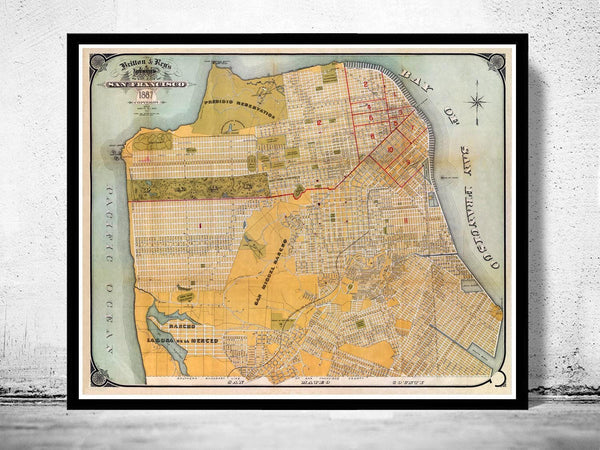 Old Map of San Francisco 1887 Vintage Map San Francisco | Vintage Map Wall Art Print