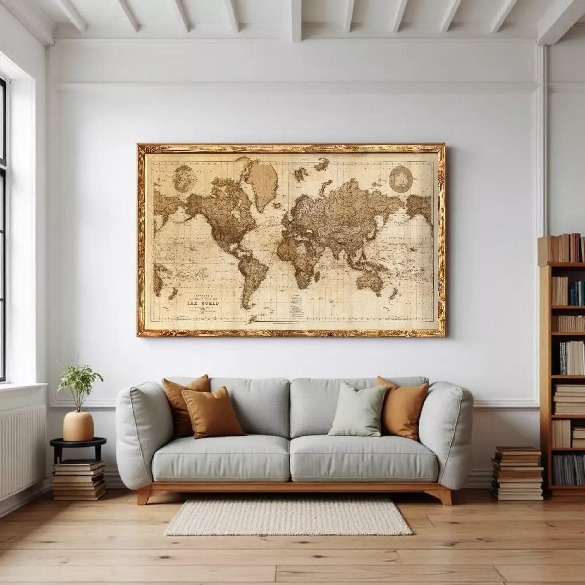 The image is a framed vintage world map with a wooden frame.