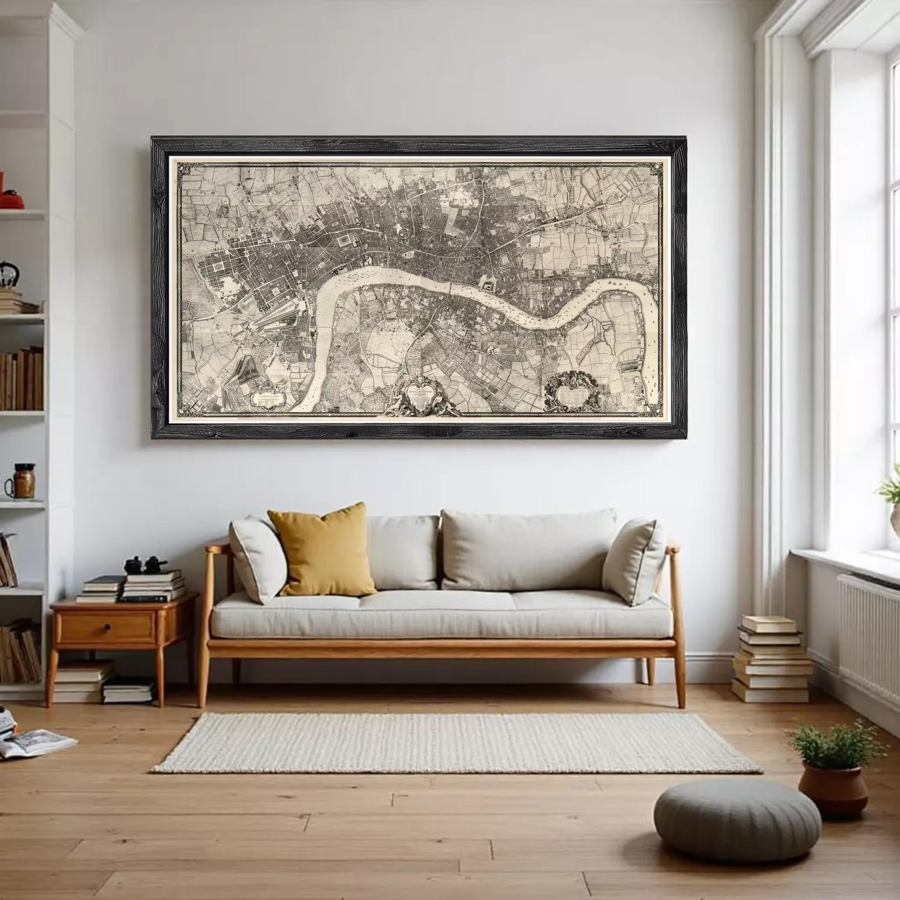 A large black and white map of London is displayed on the wall above a gray sofa in a cozy living room setting.
