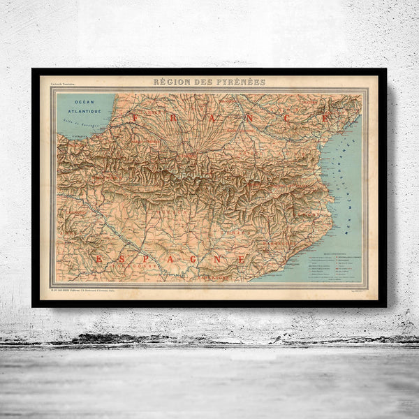 Old Map of Pyrenees Pirineus 1920 France Spain  | Vintage Map Wall Art Print