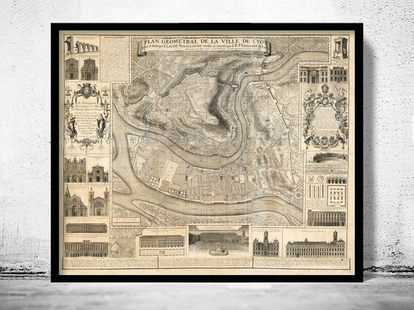 Old Map of Lyon Monumental France 1740 Vintage Map of Lyon | Vintage Poster Wall Art Print |