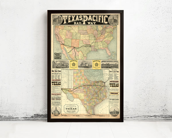 Old Map Texas Pacific Railway 1876 United States of America Vintage Map | Vintage Map Wall Art Print | Large Map Print