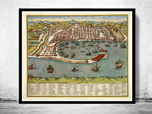 Old Map of Messina 1590 Antique Vintage Italy  | Vintage Map Wall Art Print