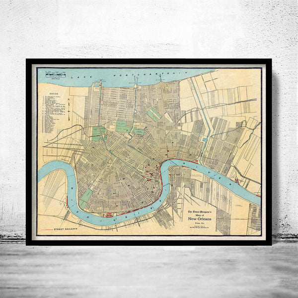 Old Map of New Orleans 1919 United States Vintage Map | Vintage Map Wall Art Print