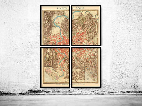Old Map of Rome Italy 1910 (4 pieces)  | Vintage Map Wall Art Print