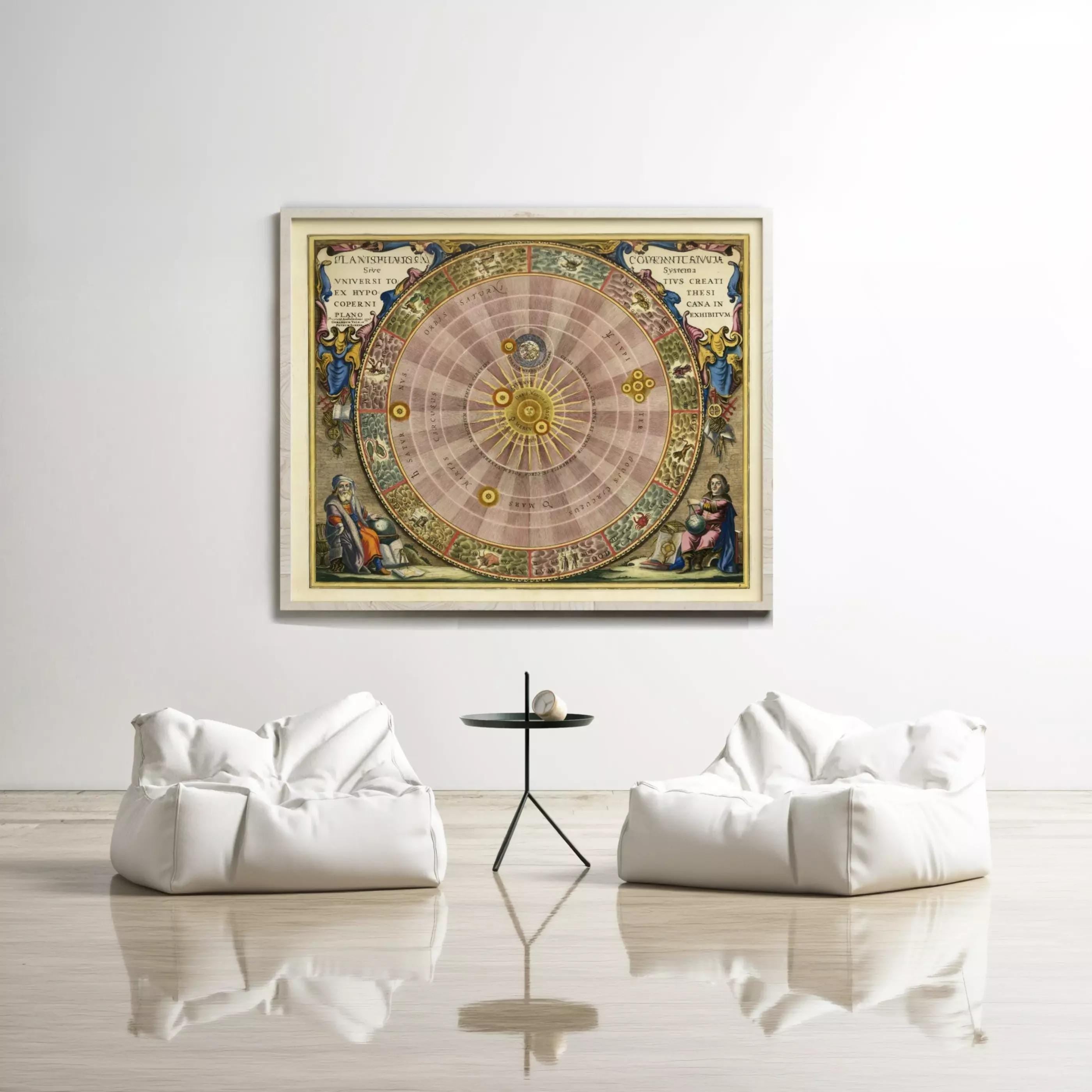 a large, colorful, and intricate map of the solar system hanging on a white wall above a pair of white bean bag chairs and a small black table.