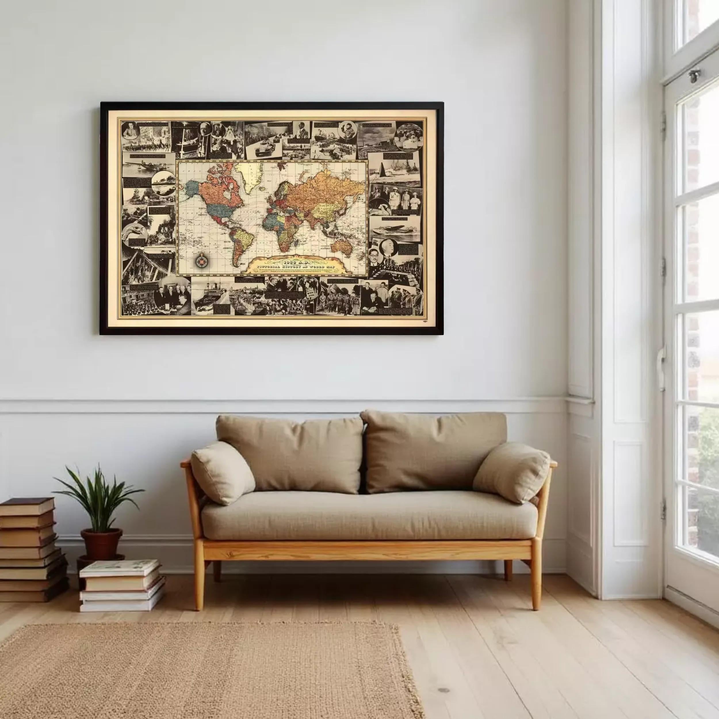 a large framed world map hanging on a white wall, with a beige sofa in the foreground and a stack of books on the floor.