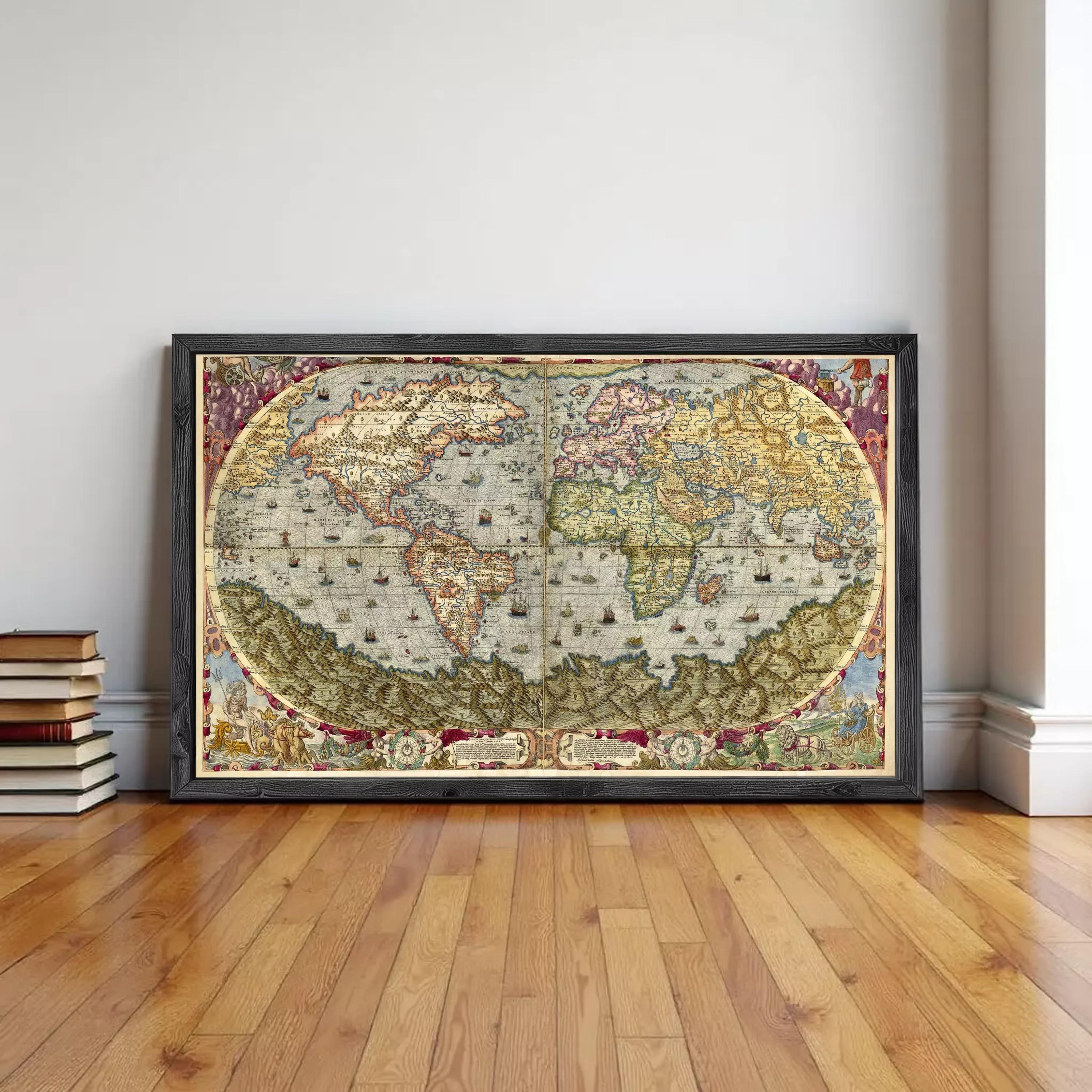 A large, ornate, and colorful world map is displayed on a wooden floor in a room.
