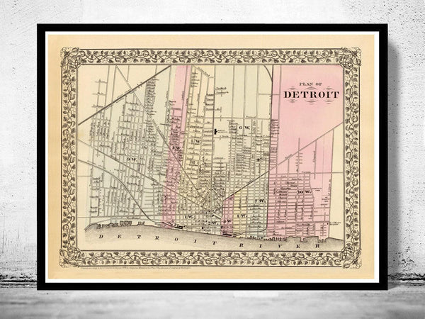 Old map of Detroit 1880 Vintage Map | Vintage Map Wall Art Print
