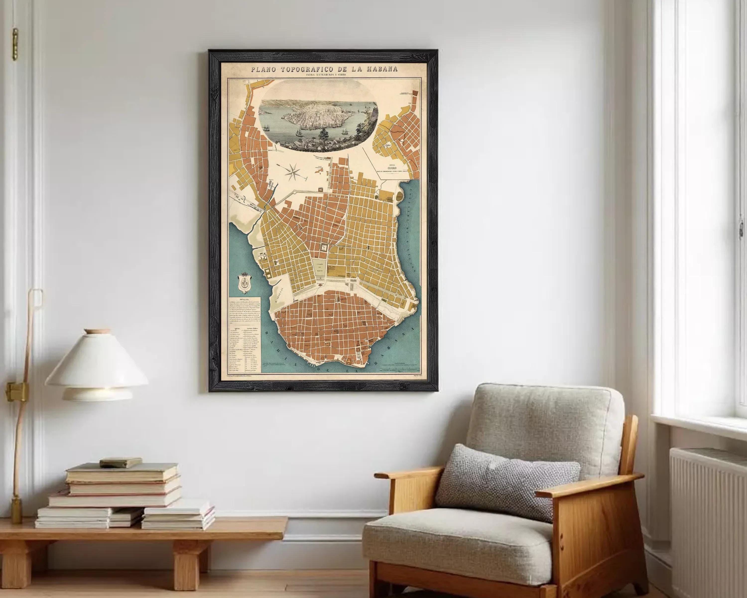 The image is a framed vintage map of a city, likely Havana, Cuba, with a detailed illustration of the city's layout and surrounding areas.