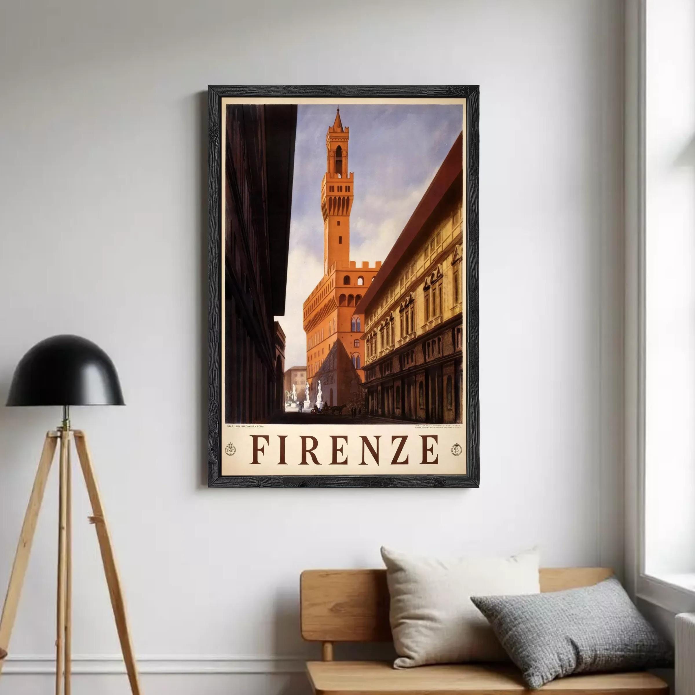 A framed poster of the Florence Cathedral, also known as the Piazza del Duomo, with the word "FIRENZE" prominently displayed.