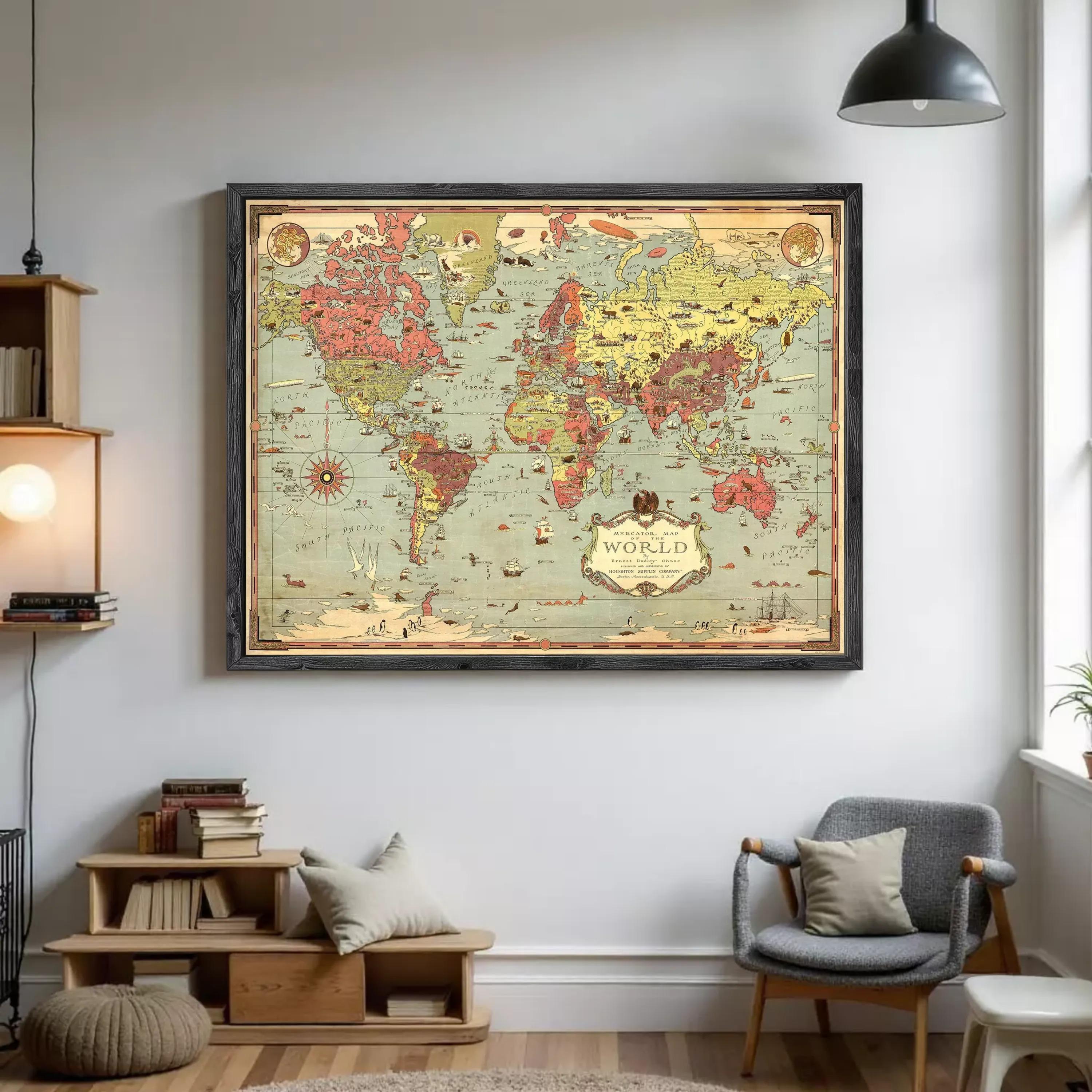 The image is a framed vintage world map with a black border and a decorative border around the edges.