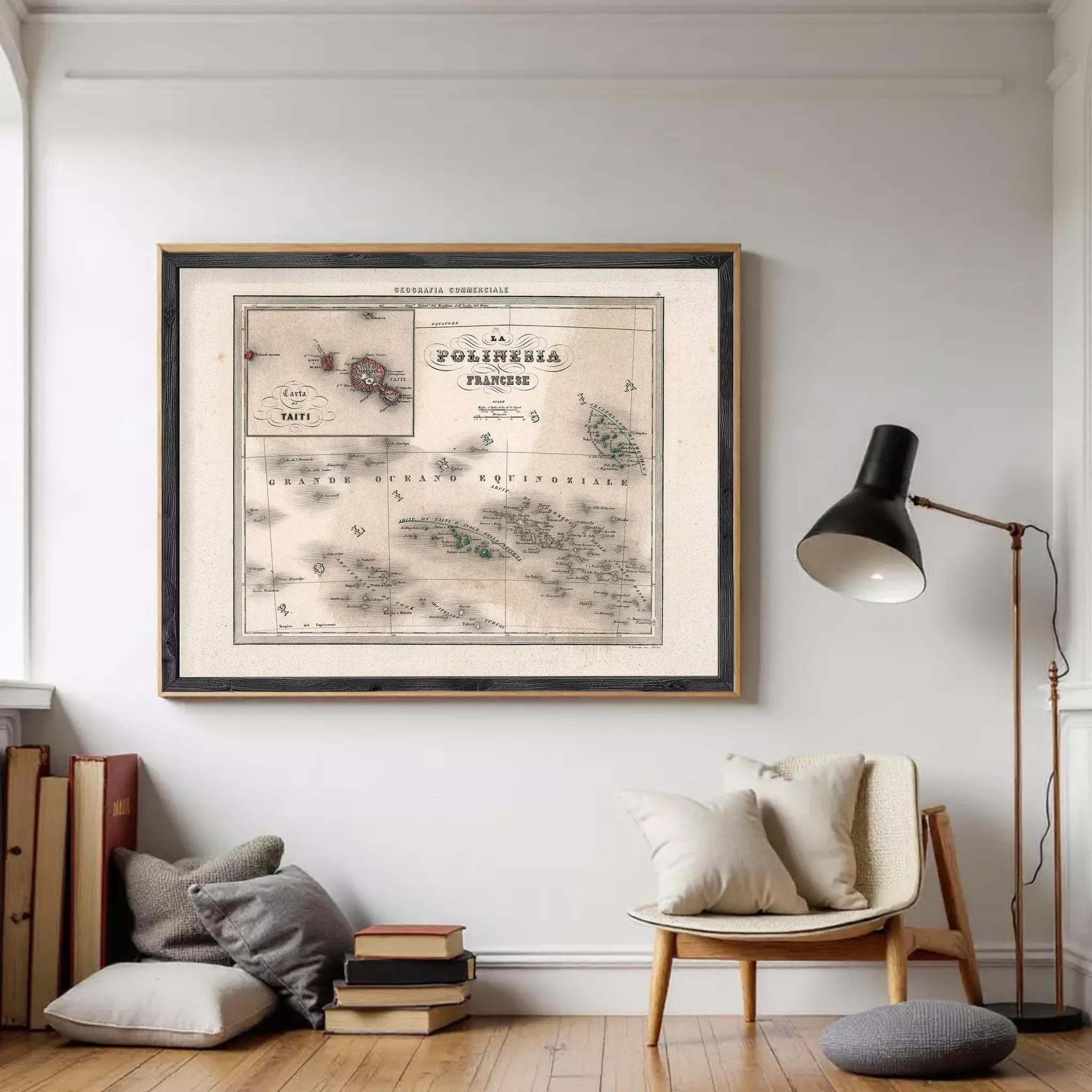 The image is a framed vintage map of the Pacific region, specifically the island of French Guiana.