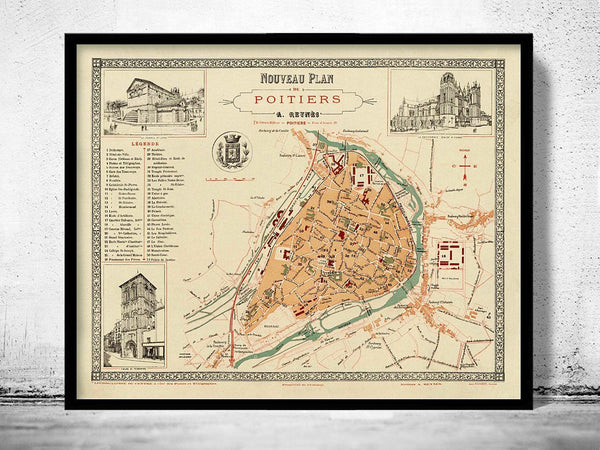 Old Map of Poitiers France 1896 Vintage Map | Vintage Map Wall Art Print
