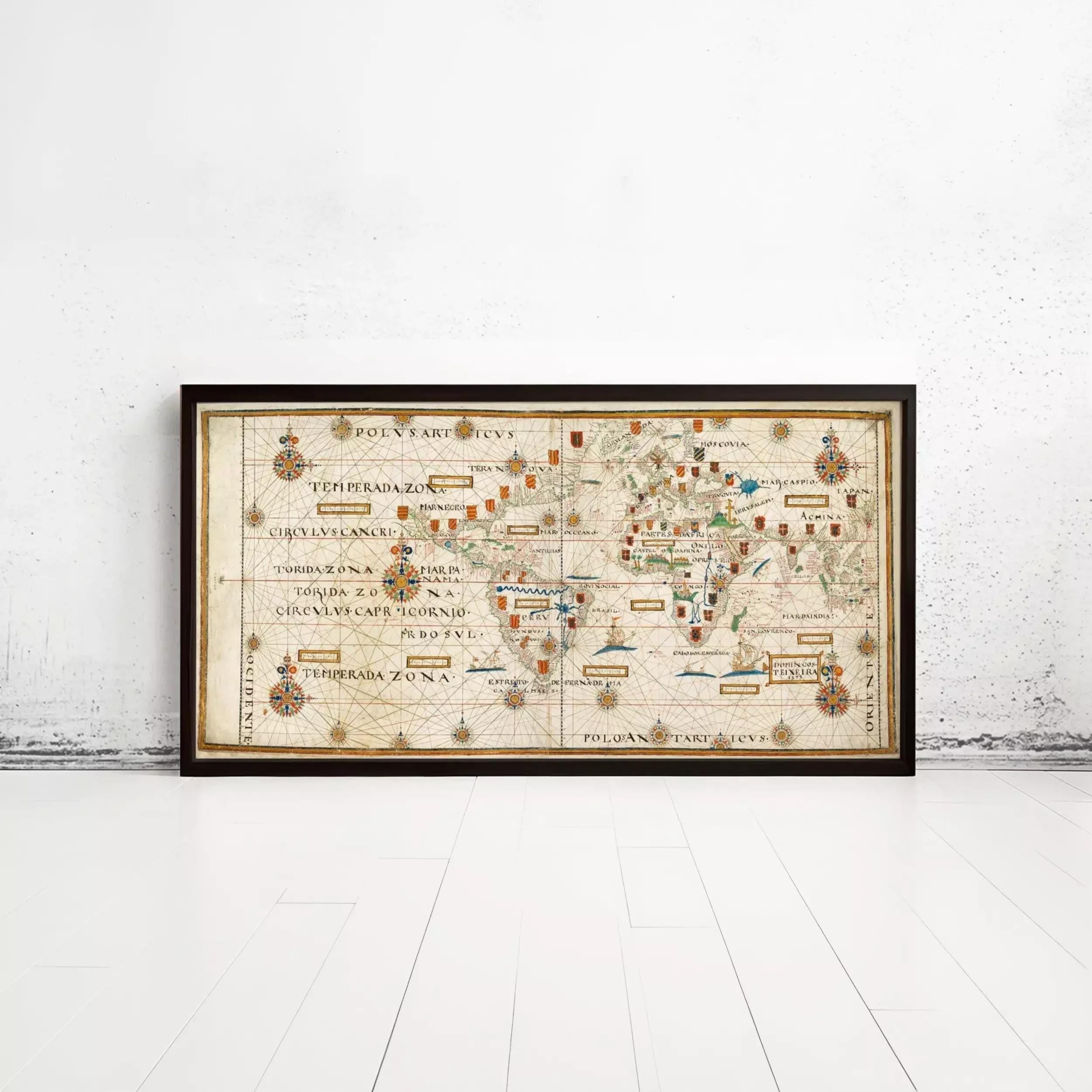 The image is a framed vintage map of the world, depicting various locations and landmarks.