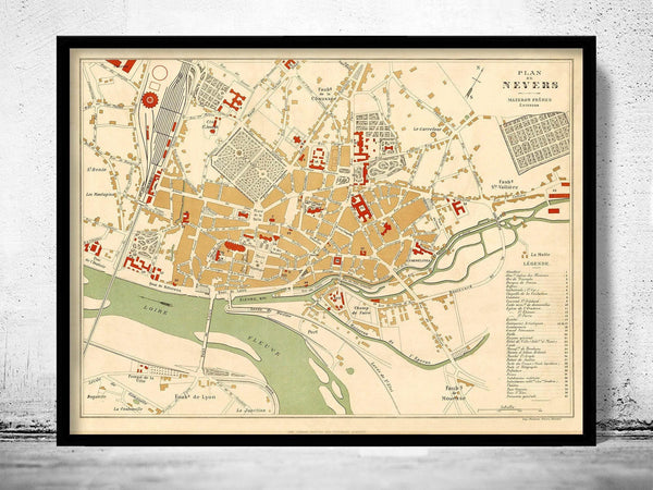 Old Map of Nevers France 1890 Vintage Map | Vintage Map Wall Art Print