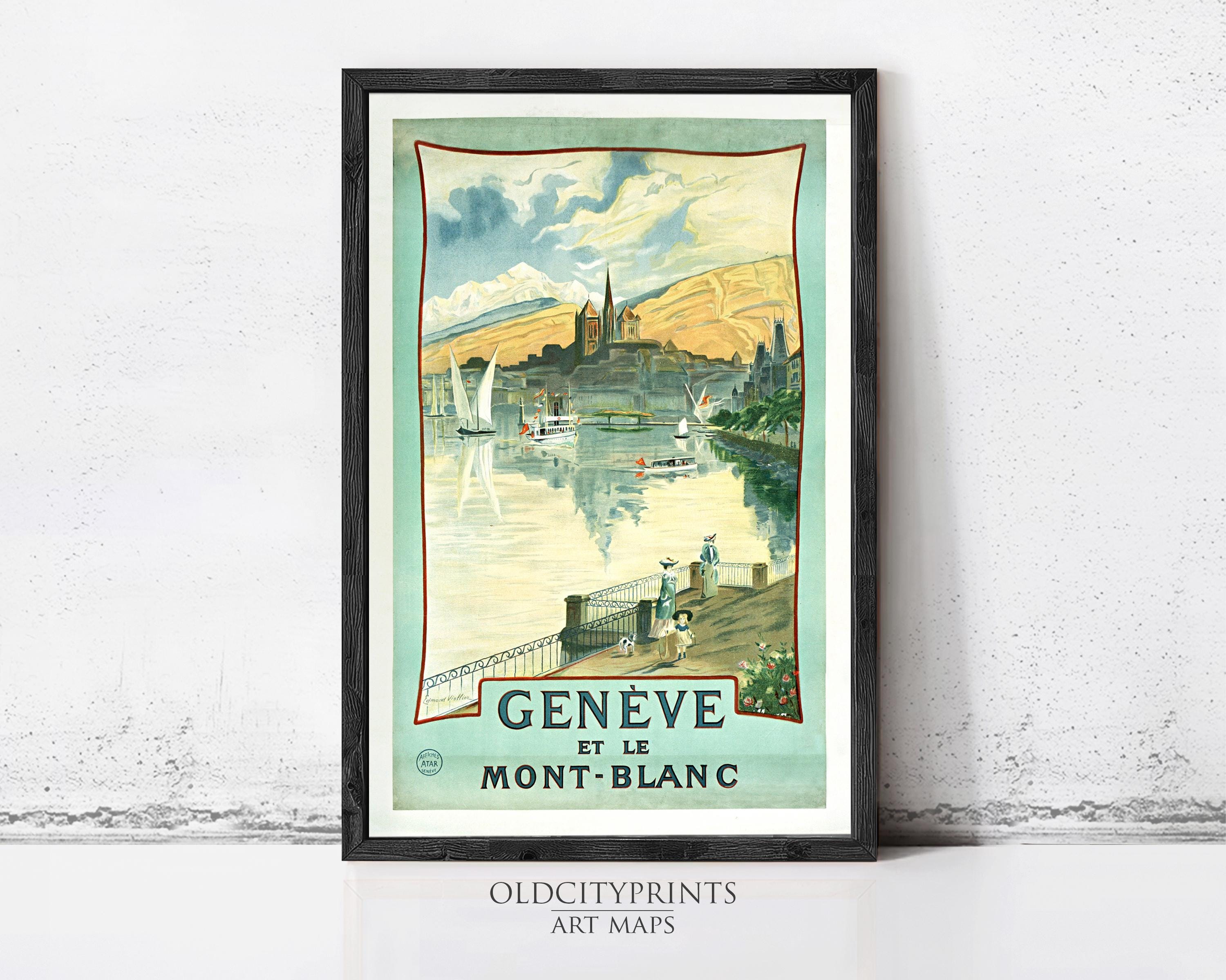 The image is a framed vintage travel poster advertising the city of Geneva, Switzerland.