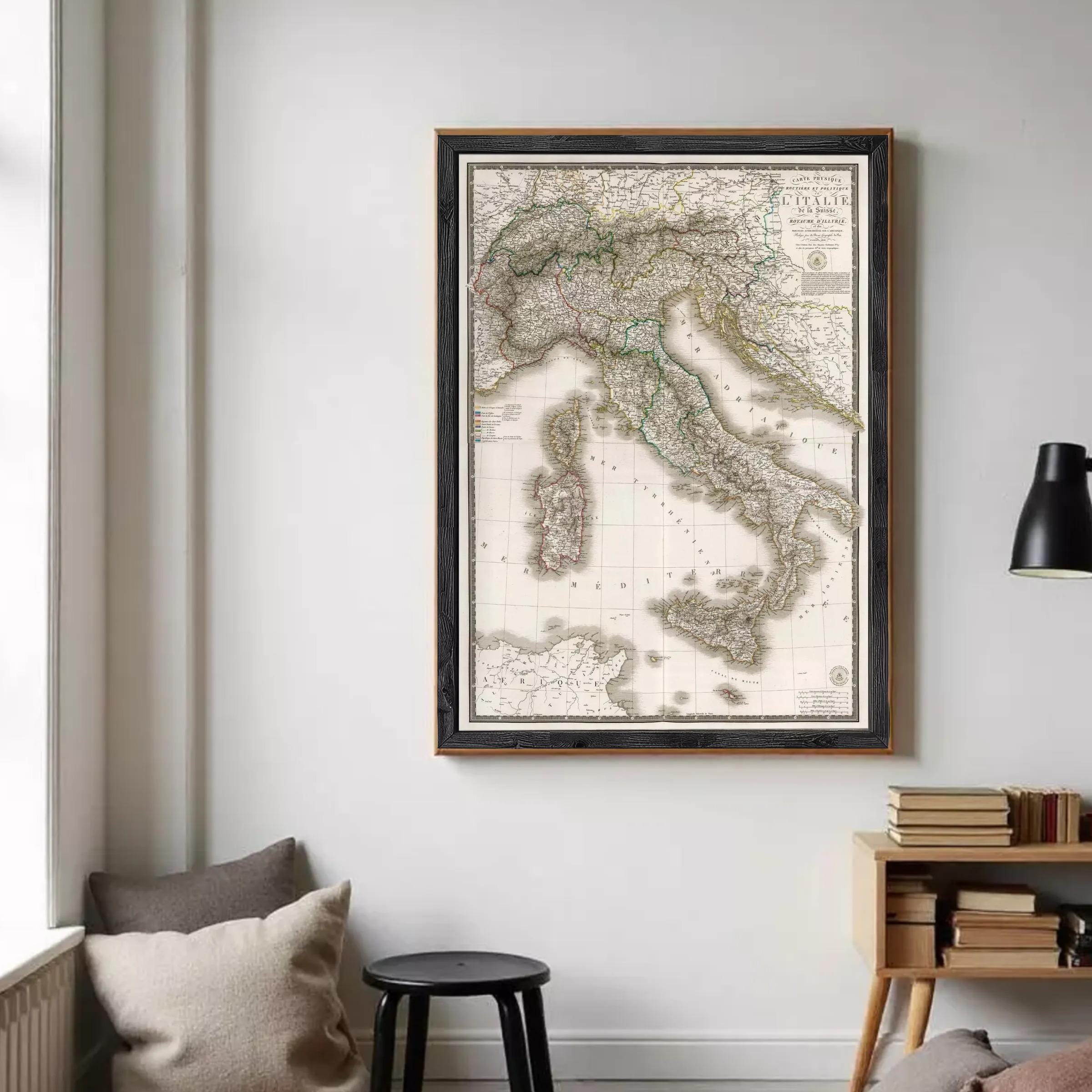 The image is a framed map of Italy, showing the country's geographical layout and surrounding areas.