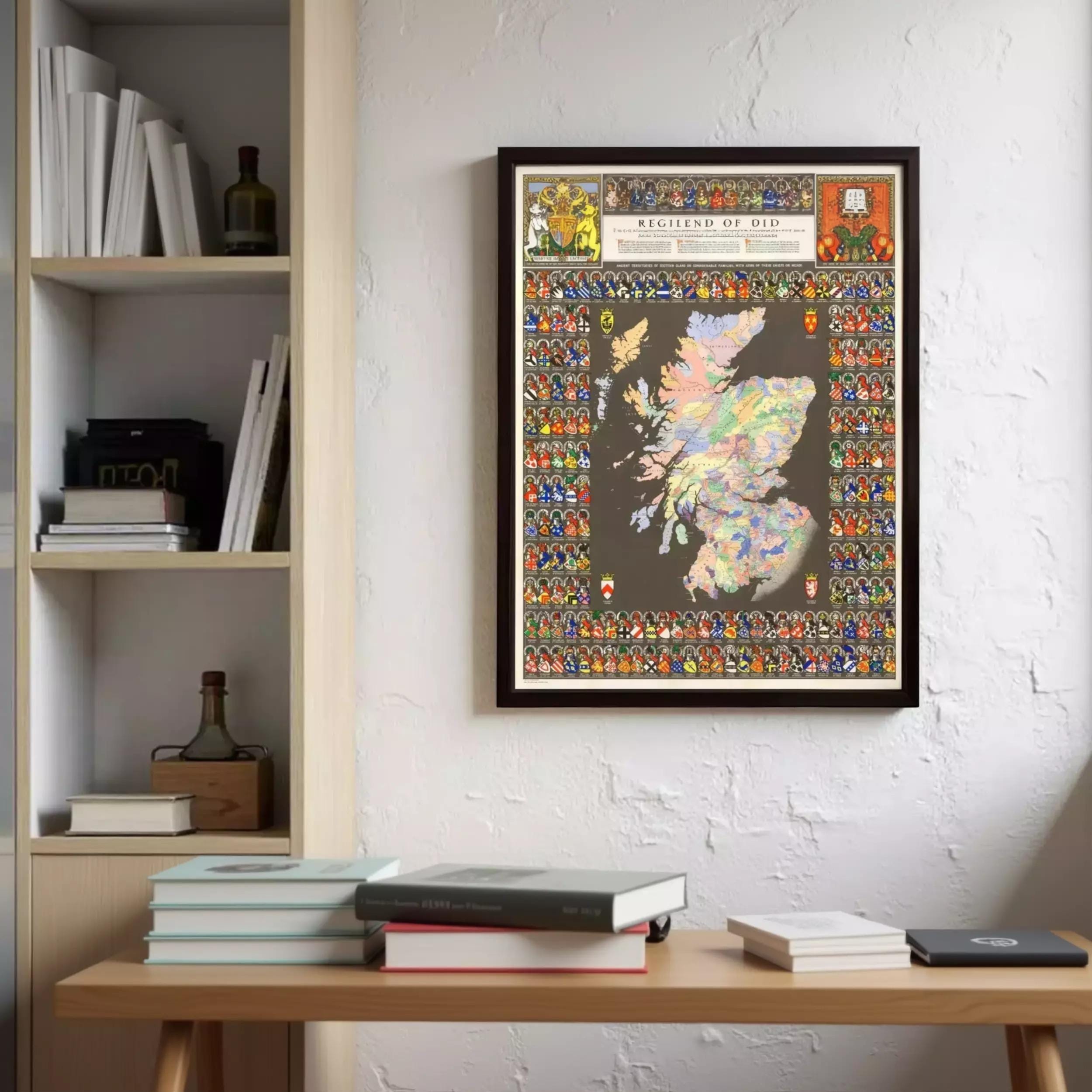 a framed map of Scotland hanging on a wall, surrounded by various books and a wooden table with a stack of books on it.