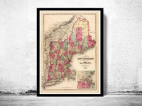 Old Map of New England State 1871 Vintage Map | Vintage Map Wall Art Print