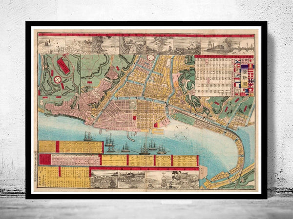 Old Map of Yokohama Japan 1882 Vintage Map | Vintage Map Wall Art Print