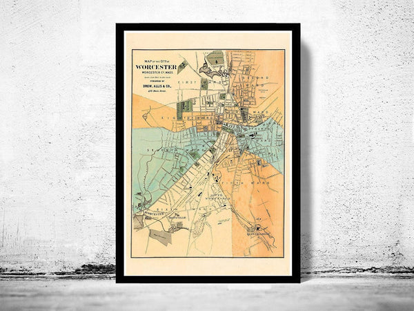 Old Map of Worcester Massachusetts 1877 Vintage Map | Vintage Map Wall Art Print