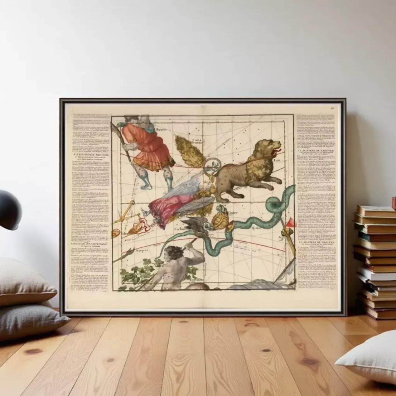 The image is a framed vintage map depicting various celestial objects and figures, including a lion, a snake, and a person.