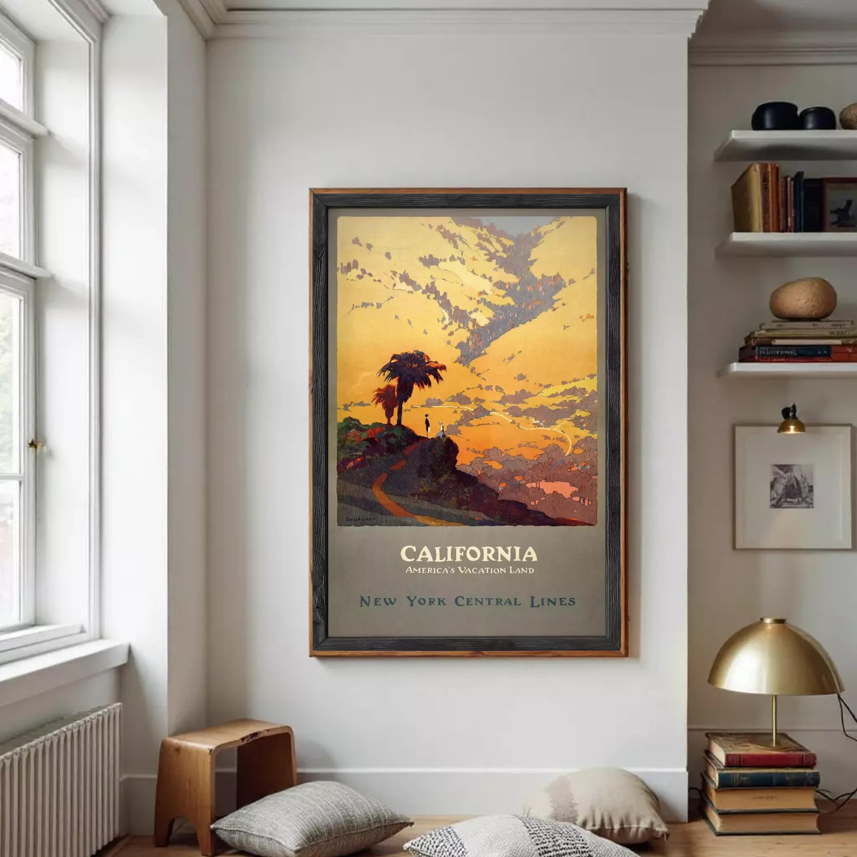 A framed vintage poster depicting a scenic landscape with a palm tree, mountains, and a sunset sky, advertising California as a vacation land.