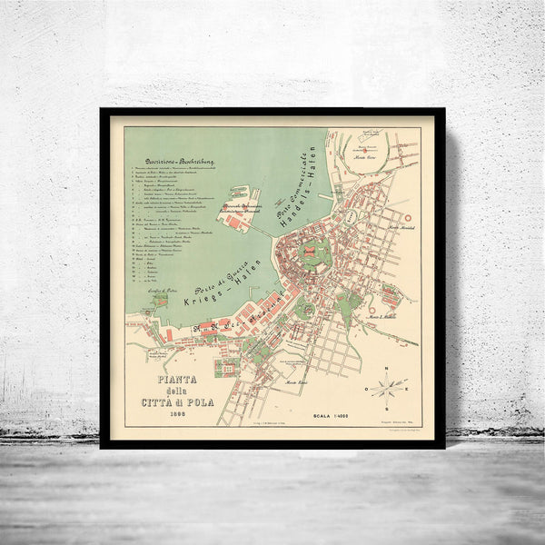 Old Map of Pola Pula 1898 Croatia Vintage Map | Vintage Map Wall Art Print