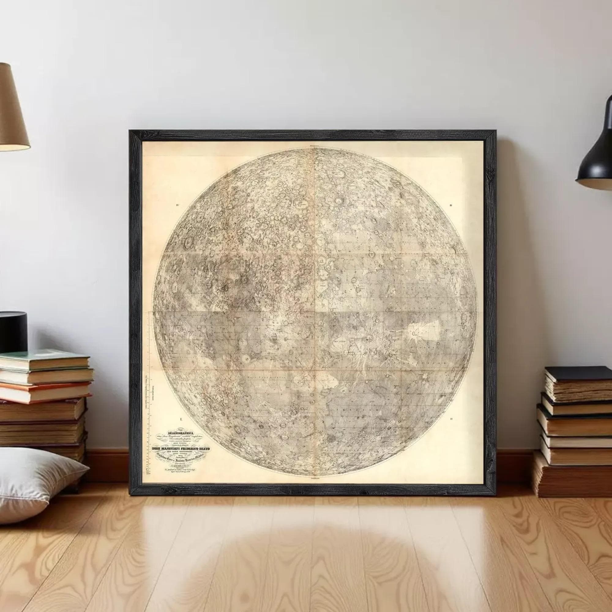 The image is a framed vintage map of the moon, depicting the moon's surface in detail.
